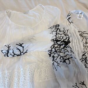 White and Black Sheer Blouse with Lace Details